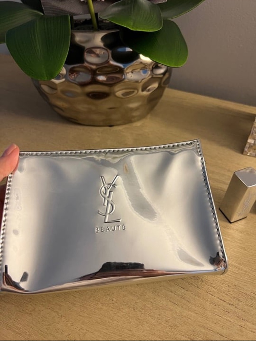 Yves Saint Laurent Silver Metallic Pouch with free Red Lipstick